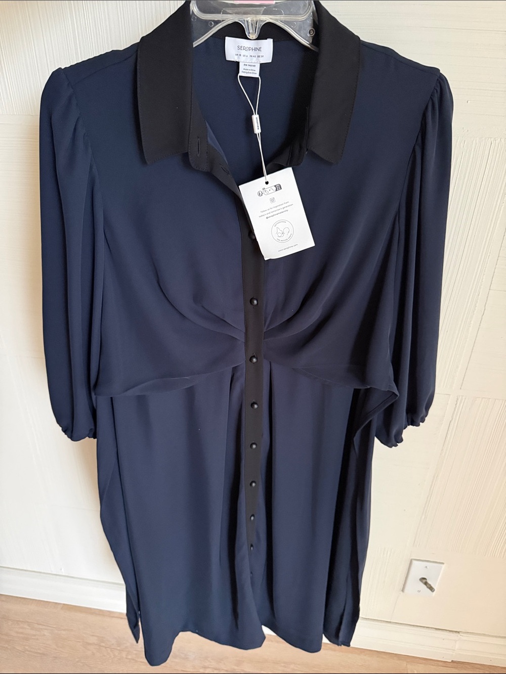 Seraphine Navy and Black Maternity Button-Front Tunic Blouse Dress, Size 6 NWT